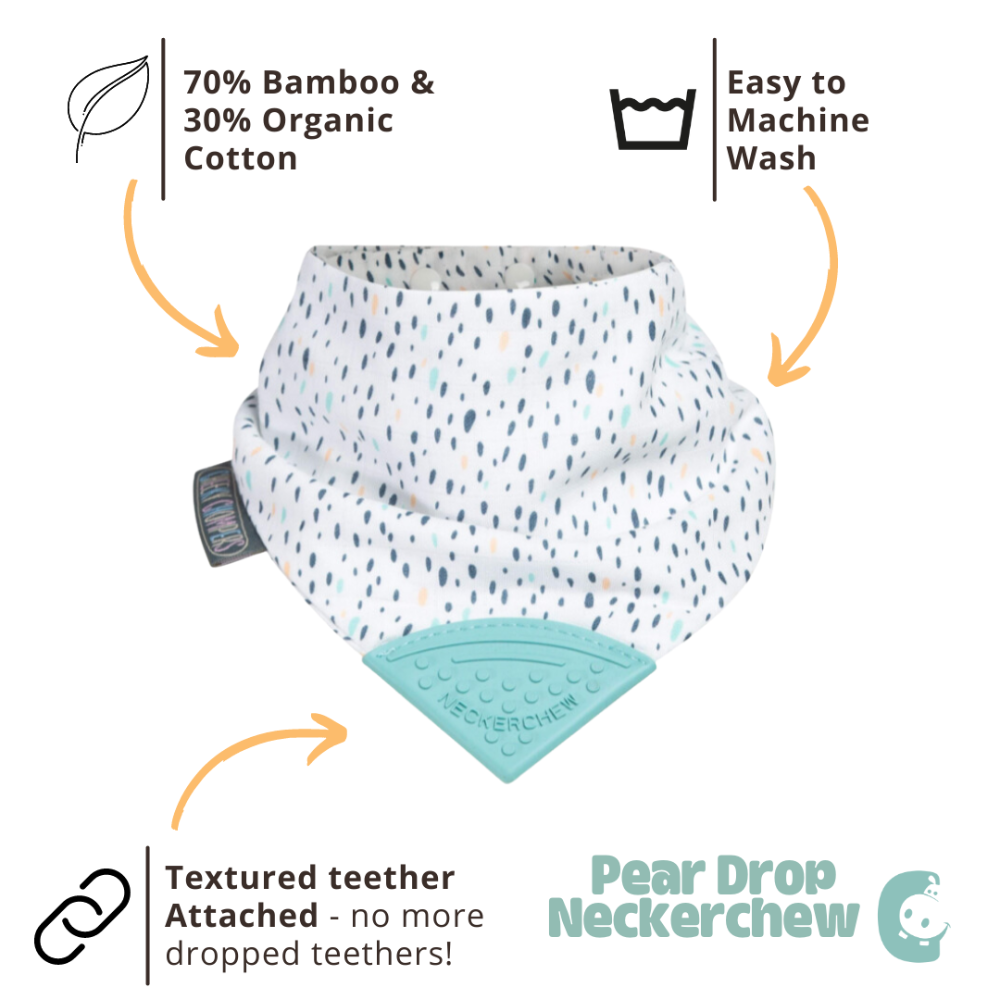 Cheeky Chompers Baby Bib with Teether - Pear Drop Muslin Neckerchew