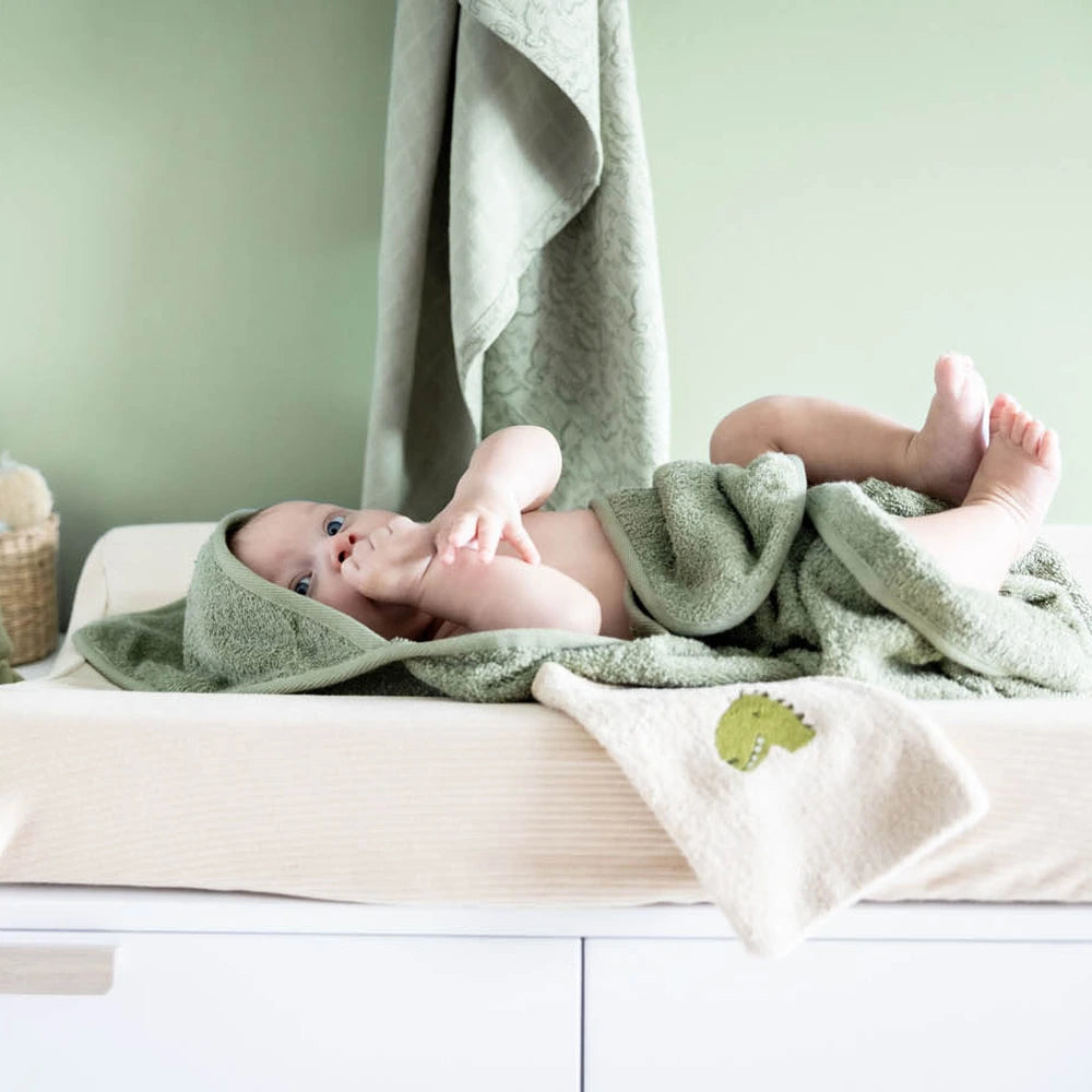 Trixie Hooded Baby Towel | Ultra-Soft 100% Organic Cotton Terry Bath Towel for Newborns, Babies &amp; Toddlers | 75 x 75 cm | 0 Months Onwards | Mr. Dino