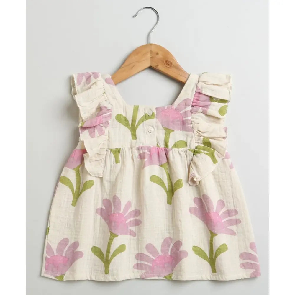 Sweetlime By AS Daisy Print Ruffle Organic Cotton Co-ord Set - Beige