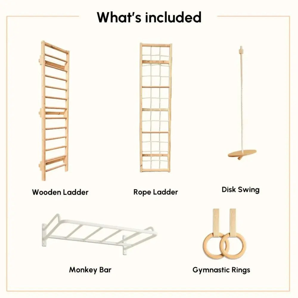 Curious Cub Space Saver Jungle Gym 4 | 5 Components - Wooden Ladder, Rope Ladder, Monkey Bar, Gymnastics Rings, Disk Swing | Ages 4-15 Years