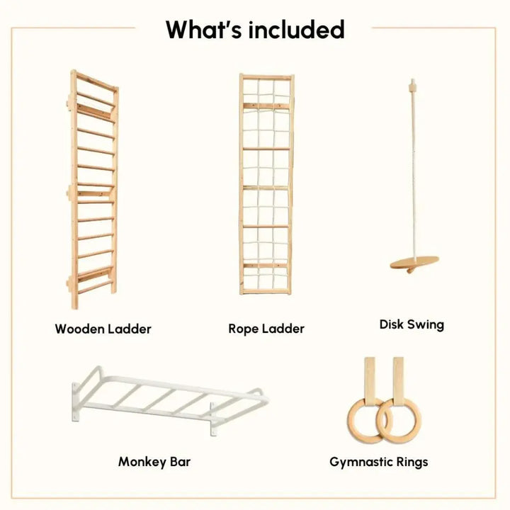 Curious Cub Space Saver Jungle Gym 4 | 5 Components - Wooden Ladder, Rope Ladder, Monkey Bar, Gymnastics Rings, Disk Swing | Ages 4-15 Years