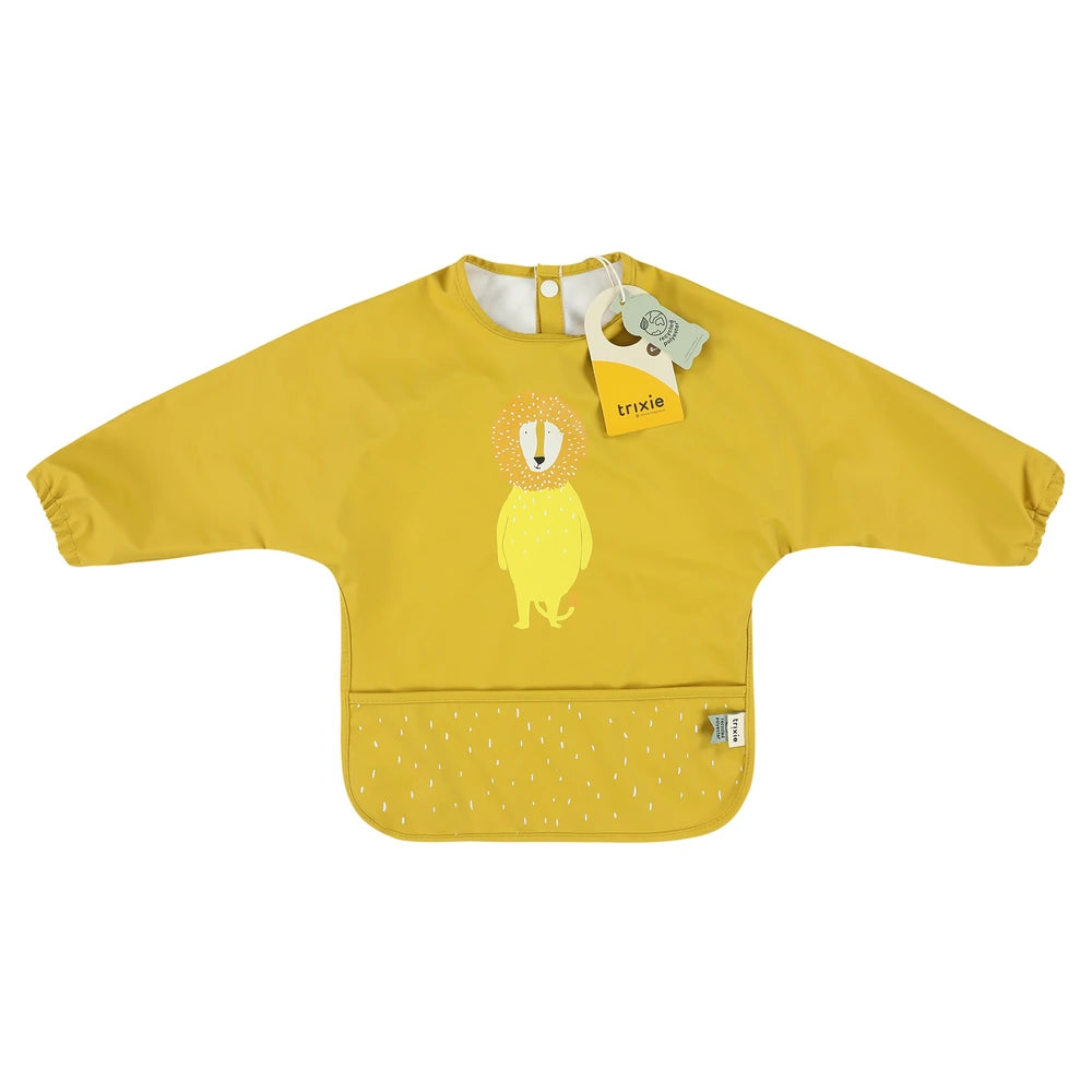 Trixie Waterproof Long Sleeve Baby Bib | Full-Coverage Feeding Bib with Food Catcher Pocket &amp; Easy-Clean Design | 6 Months Onwards | Mr. Lion