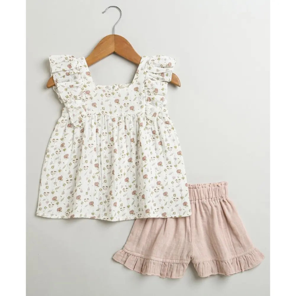 Sweetlime By AS Pumpkin &amp; Floral Print Ruffle Organic Cotton Co-ord Set - Off-White &amp; Peach