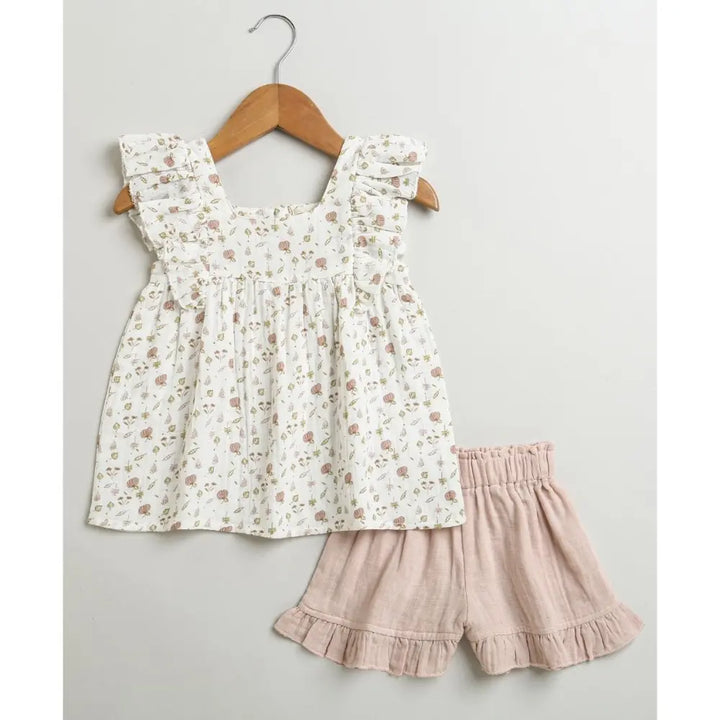 Sweetlime By AS Pumpkin &amp; Floral Print Ruffle Organic Cotton Co-ord Set - Off-White &amp; Peach