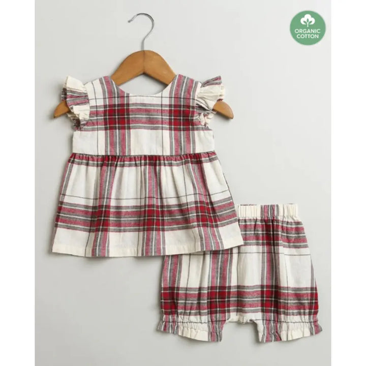 Sweetlime By AS Classic Plaid Ruffle Sleeve Top and Shorts Co-ord Set - White &amp; Red