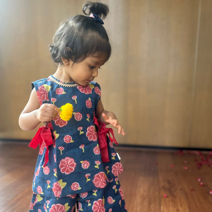 Dulaar Chanderi Top &amp; Pants Co-ord Set for Girls | Hand-Block Printed (Gota Work)-Genda Phool (Midnight)