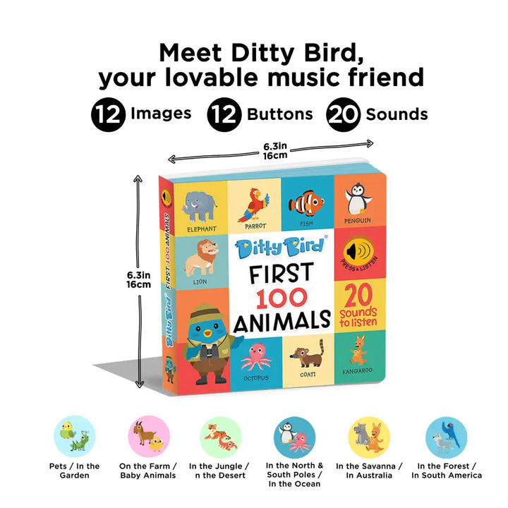 Ditty Bird Musical Book - Fun &amp; Interactive Nursery Rhyme Book for Toddlers, Baby Sound &amp; Music Book, 12M+, USB-C Rechargable - First 100 Animals