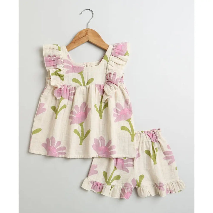 Sweetlime By AS Daisy Print Ruffle Organic Cotton Co-ord Set - Beige