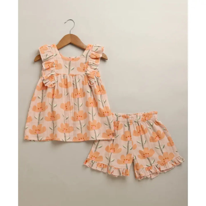 Sweetlime By As Peach Blossom Floral Ruffle Cotton Baby Girls Summer Co-ord Set