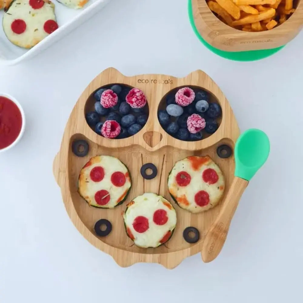 Eco Rascals Bamboo Owl Shaped Plate - Baby Led Weaning, 3 Section Plate - Non Toxic, Natural Bamboo with Strong Suction, FDA Approved, 100% Silicone Suction Bases, BPA-PVC Free - Green
