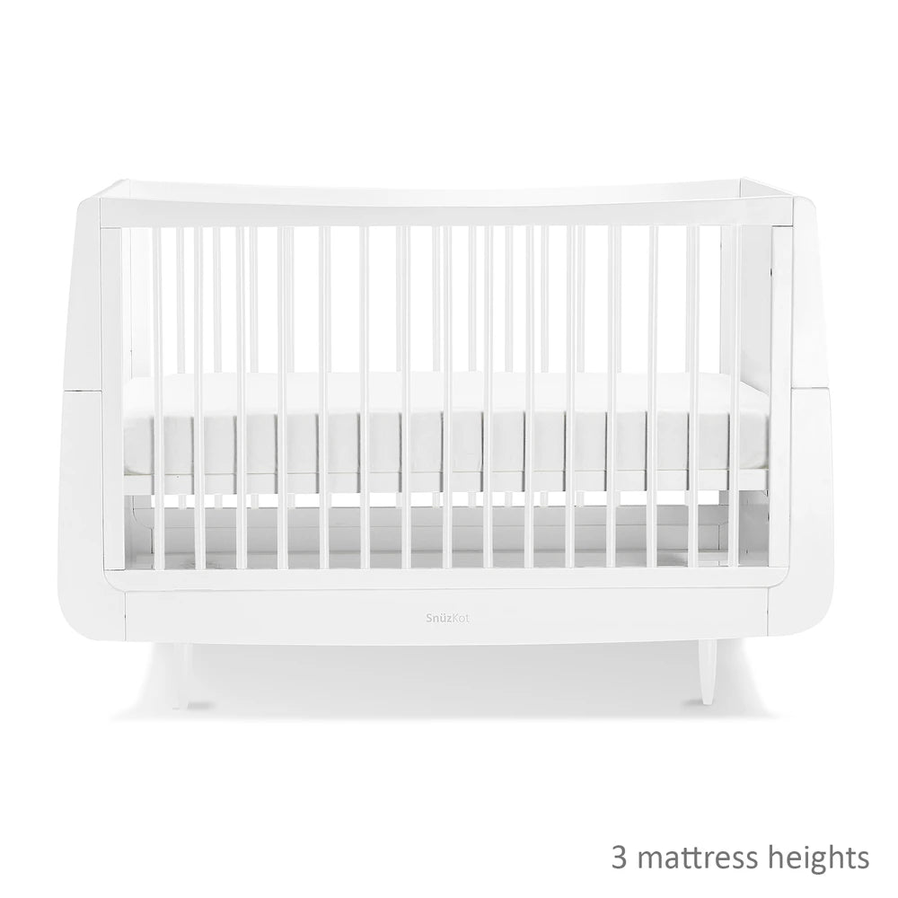 SnuzKot Convertible Cot &amp; Bed from Birth to 4 Years - Adjustable 3 Height Settings, Includes Mattress, Safe and Durable Wooden Crib with Breathable Airflow Design - White
