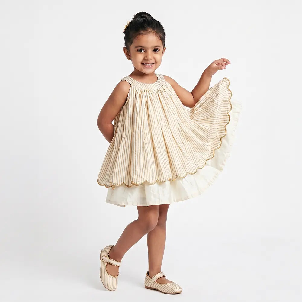 PureCloth.Co Baby Girl Silk Dress | Golden Stripe White Golden Stripe