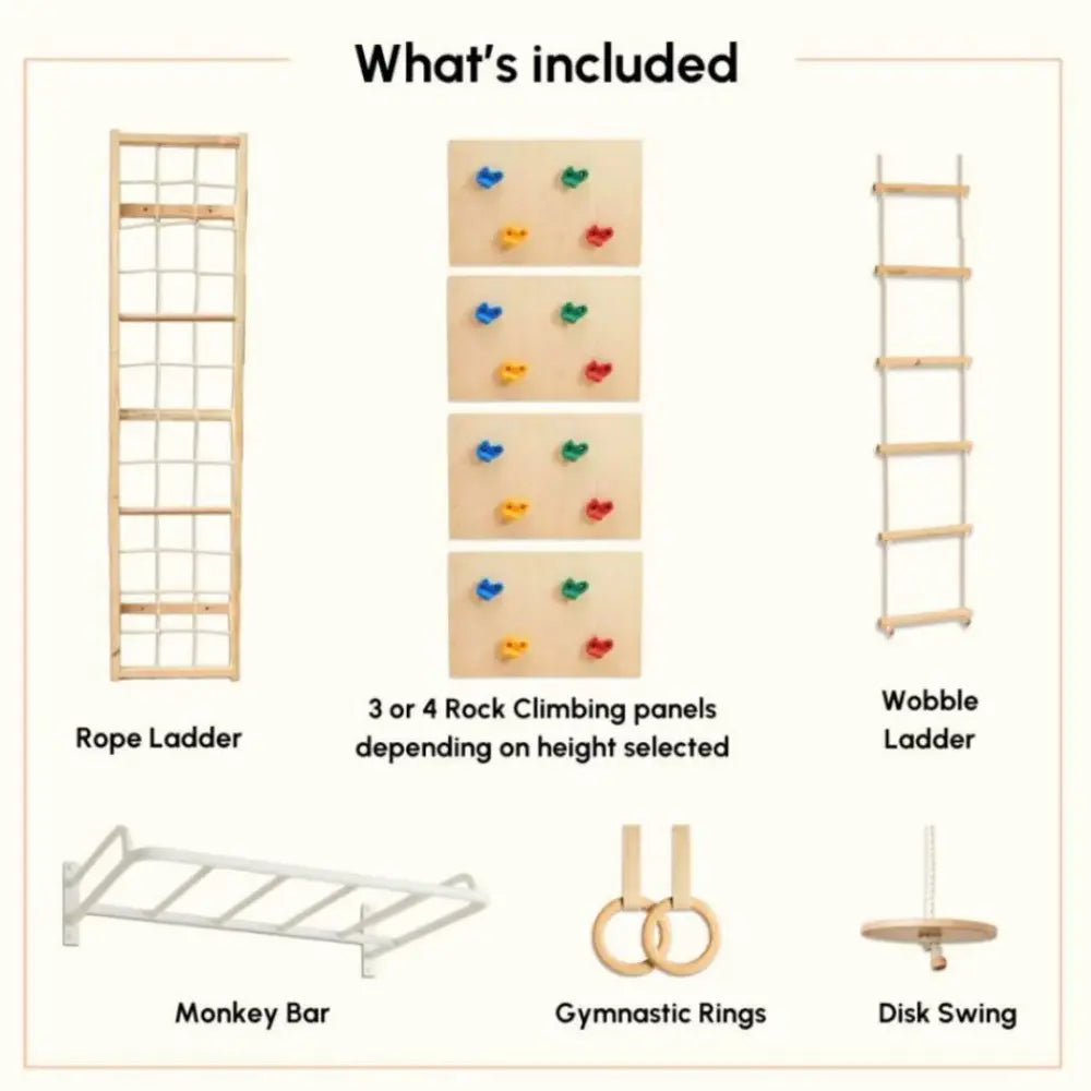 Curious Cub Space Saver Jungle Gym 2 | 6 Components - Rope Ladder, Rock Climbing, Wobble Ladder, Monkey Bar, Gymnastic Rings, Disk Swing | Ages 4-15 Years