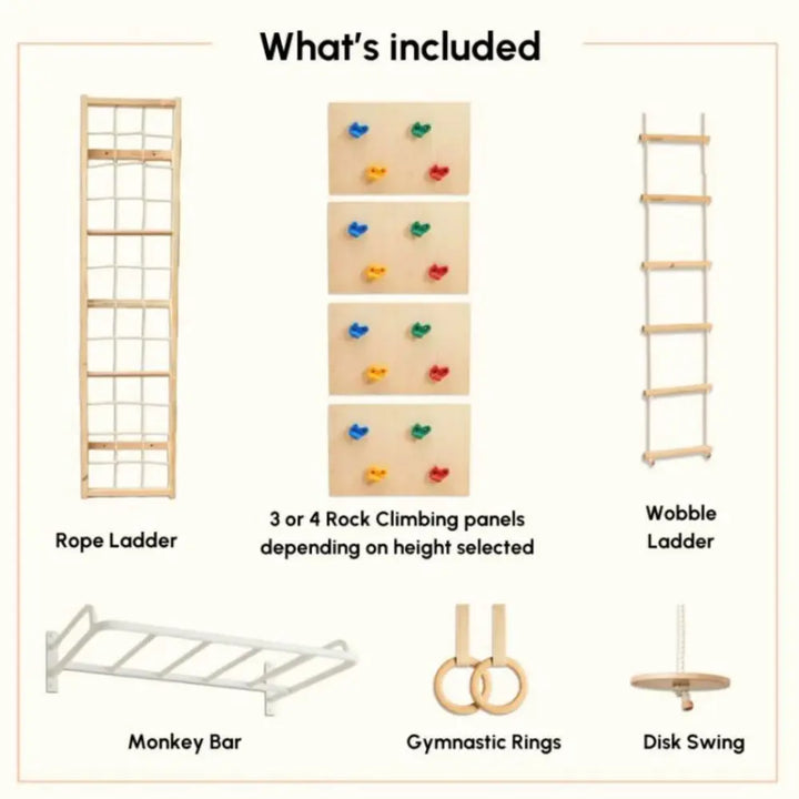 Curious Cub Space Saver Jungle Gym 2 | 6 Components - Rope Ladder, Rock Climbing, Wobble Ladder, Monkey Bar, Gymnastic Rings, Disk Swing | Ages 4-15 Years