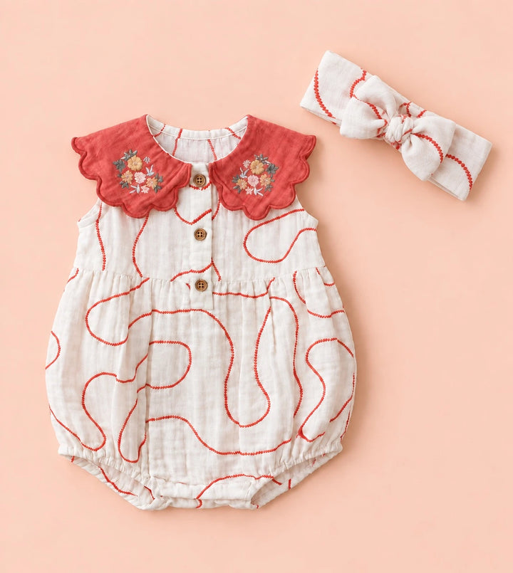 Sweetlime By AS Coral Swirl Muslin Romper &amp; Bonnet Set For Girls