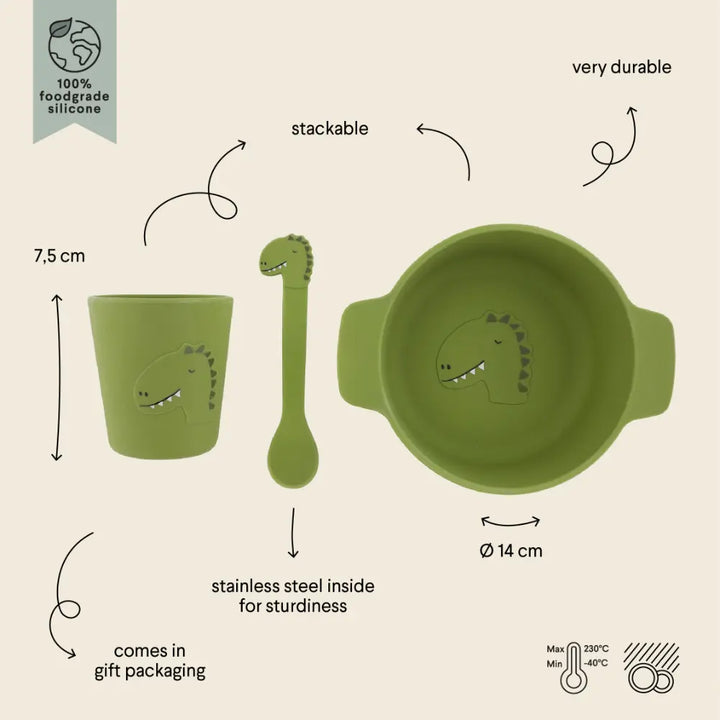 Trixie Silicone First Meal Set | 100% Food-Grade Silicone Feeding Set with Bowl, Cup &amp; Spoon for Baby Weaning &amp; Self-Feeding | 4 Months Onwards | Mr. Dino