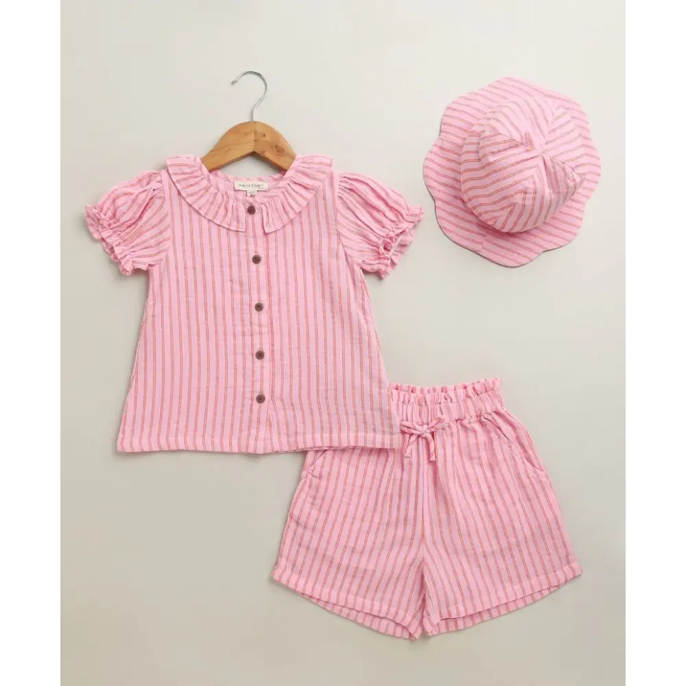 Sweetlime By As Baby Girls Candy Stripe Organic Cotton Co-ord Set with a Hat - Pink