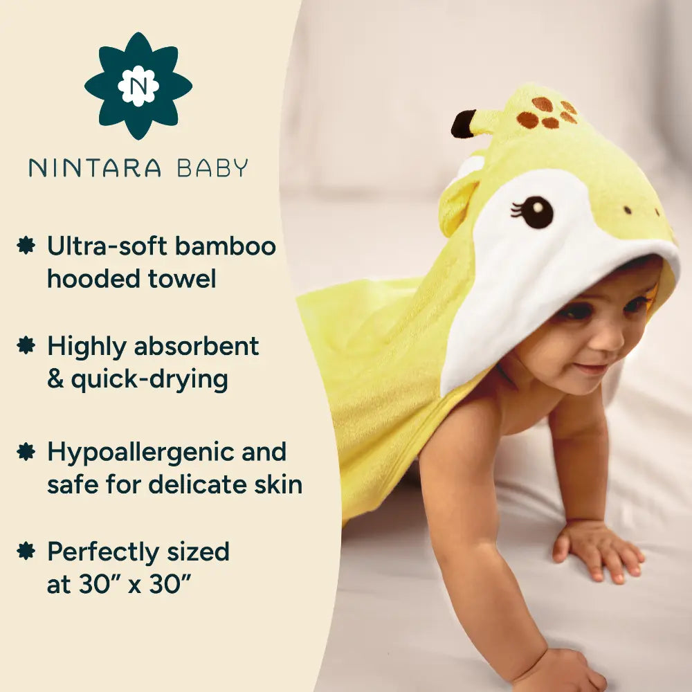 Nintara Baby Hooded Towel  -  Bamboo Cotton Bath Wrap, 30" x 30" (76 cm x 76 cm), Ultra - Absorbent - Giraffe