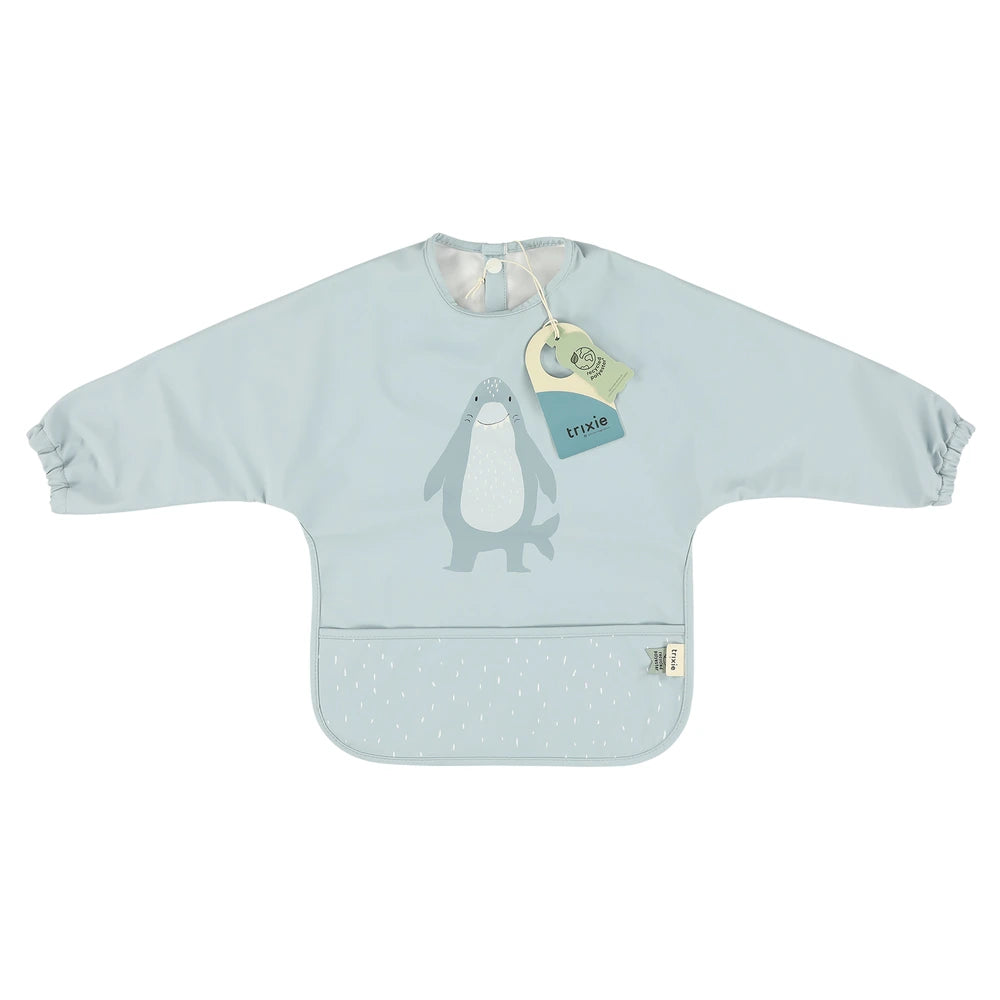 Trixie Waterproof Long Sleeve Baby Bib | Full-Coverage Feeding Bib with Food Catcher Pocket &amp; Easy-Clean Design | 6 Months Onwards | Mr. Shark