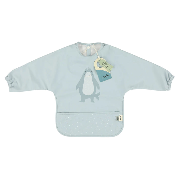 Trixie Waterproof Long Sleeve Baby Bib | Full-Coverage Feeding Bib with Food Catcher Pocket &amp; Easy-Clean Design | 6 Months Onwards | Mr. Shark