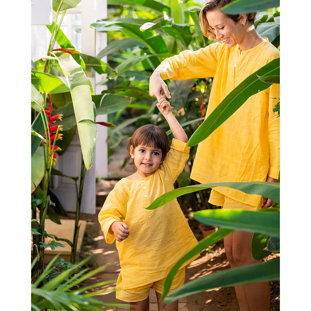 Love The World Today ‘Sleepover Party’ Kurta and Shorts Co-ord Set - Yellow Checks