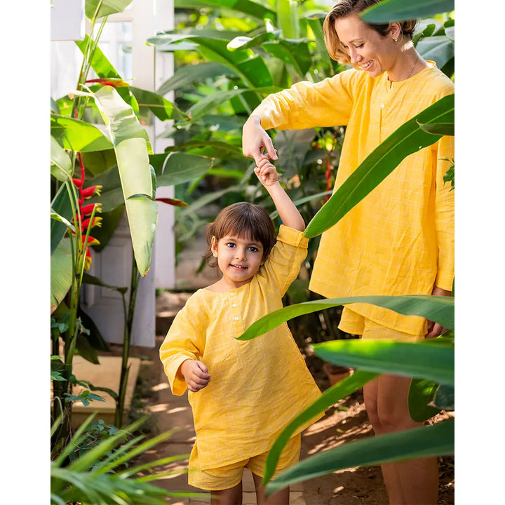 Love The World Today ‘Sleepover Party’ Kurta and Shorts Co-ord Set - Yellow Checks