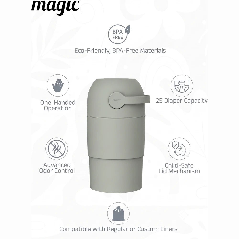 Magic THOTH M Diaper Pail, Odorless Nappy Bin, Compact &amp; Space-Saving Design, Compatible with Regular Plastic Bags, Converts for 2nd Life Use, Holds Up to 25 Newborn Diapers - Lichen