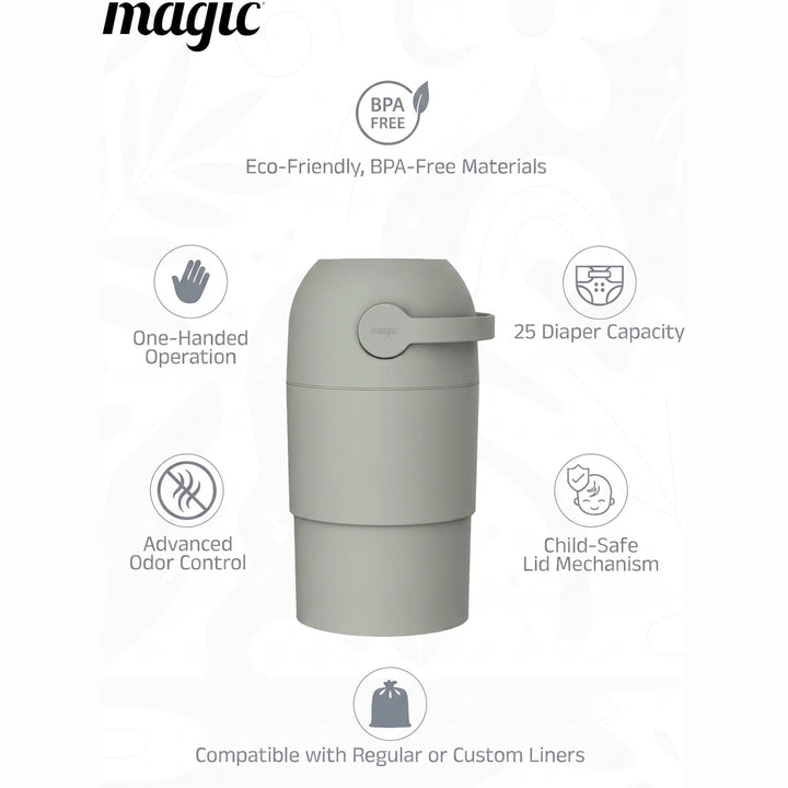 Magic THOTH M Diaper Pail, Odorless Nappy Bin, Compact &amp; Space-Saving Design, Compatible with Regular Plastic Bags, Converts for 2nd Life Use, Holds Up to 25 Newborn Diapers - Lichen