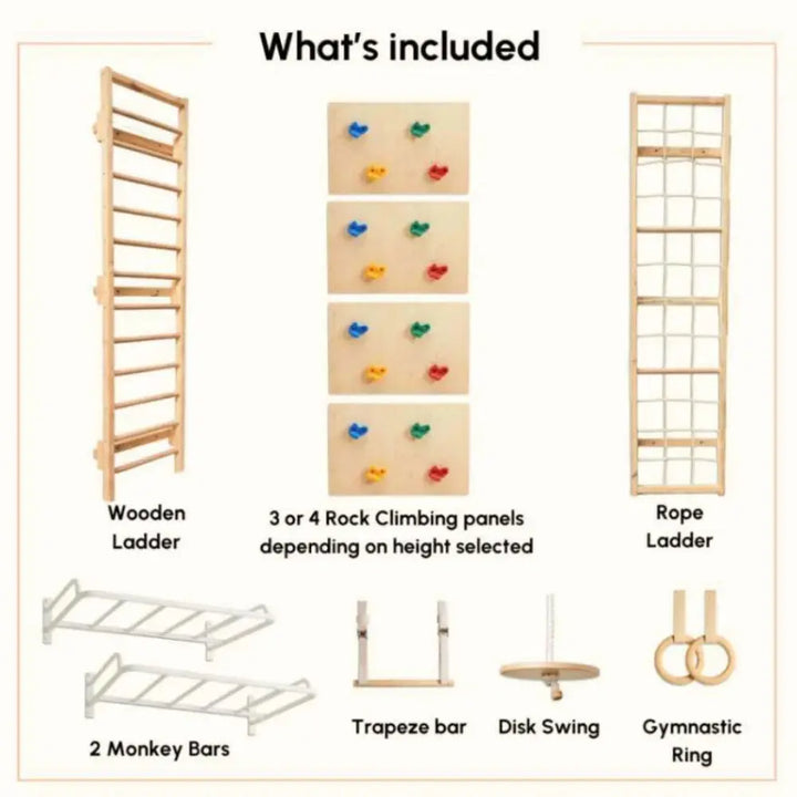 Curious Cub Ultimate Jungle Gym 4 | 7 Components - Wooden Ladder | Rope Ladder | Gymnastic Rings | Disk Swing | Trapeze Bar | Monkey Bars | Rock Climbing | Ages 4-15 Years