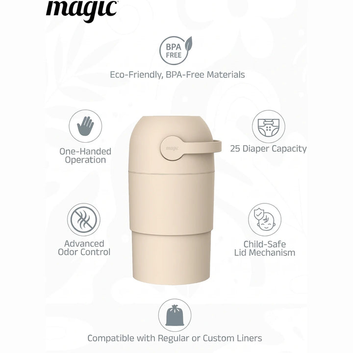 Magic THOTH M Diaper Pail, Odorless Nappy Bin, Compact &amp; Space-Saving Design, Compatible with Regular Plastic Bags, Converts for 2nd Life Use, Holds Up to 25 Newborn Diapers - Beige