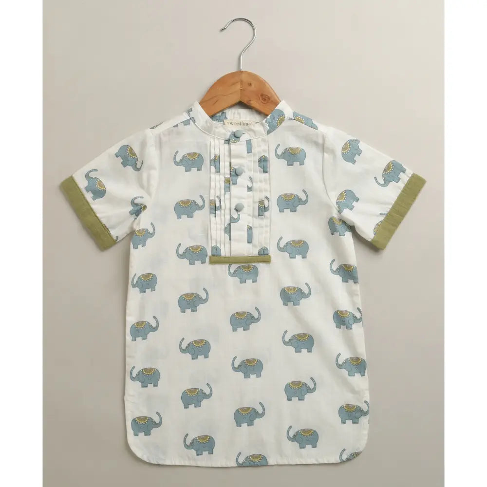 Sweetlime By AS Baby Boys Elephant Printed Cotton Kurta with Olive Cotton Pants Co-ord Set - White &amp; Olive Green