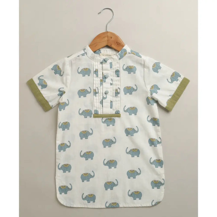 Sweetlime By AS Baby Boys Elephant Printed Cotton Kurta with Olive Cotton Pants Co-ord Set - White &amp; Olive Green