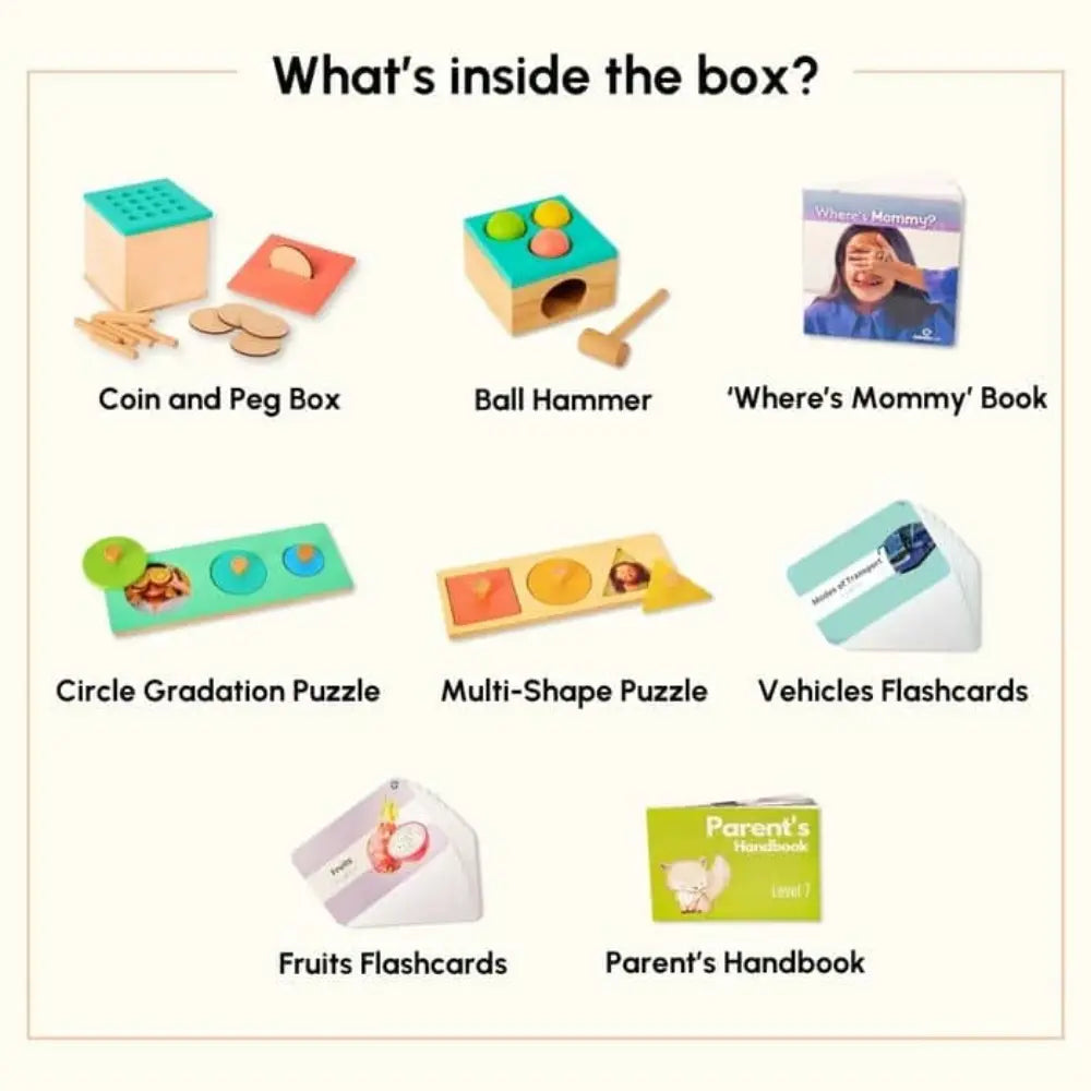 Curious Cub Montessori Box 7 | 8-Piece Toddler Learning Toy Set | Coin Box, Ball Hammer &amp; Puzzles | 13+ Months