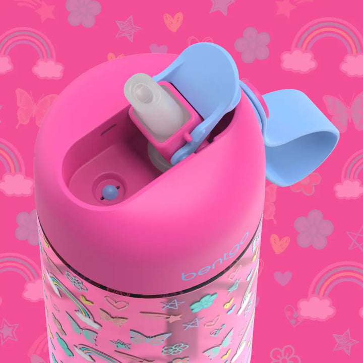 Bentgo Kids Water Bottle 450 ml, Leak-Proof Straw Bottle for Kids, Lightweighted &amp; Durable, BPA &amp; PFAS-Free Tritan Water Bottle, Ideal for School, Daycare &amp; Travel, 3 years+ - Rainbow and Butterflies