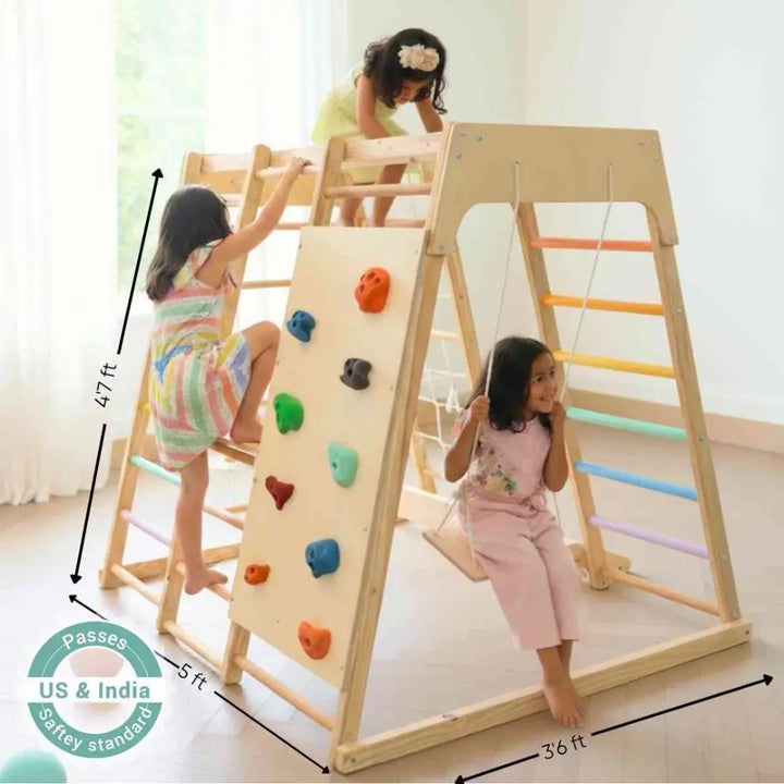 Curious Cub 7-in-1 Indoor Jungle Gym | 7 Activities - Slide, Swing, Monkey Bar, Rope Climbing, Rock Climbing and Wooden Ladder, Rope Ladder | Ages 2-7 Years