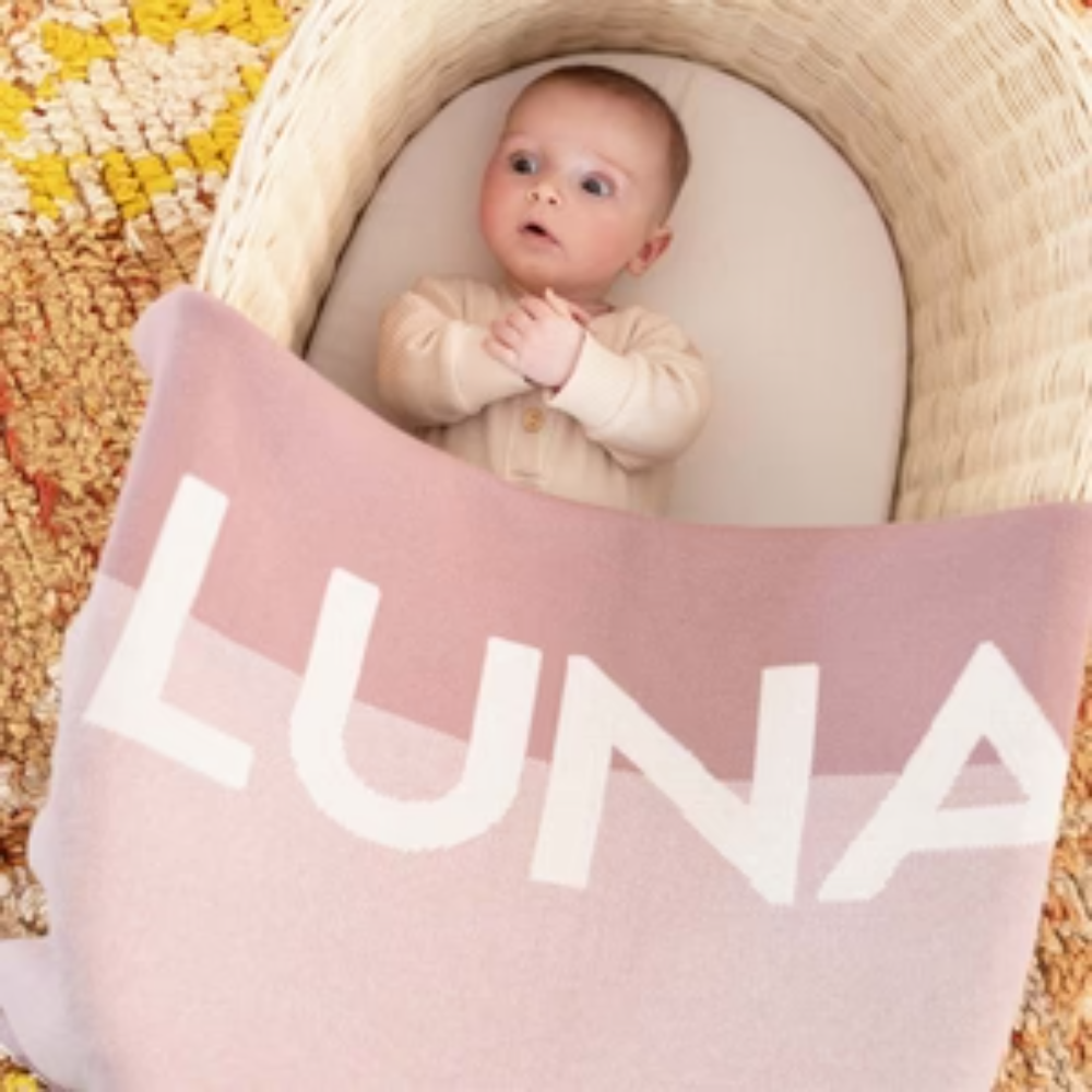 NamelyCo Splice Name Blanket - Oatmeal Splice: Rose Bloom