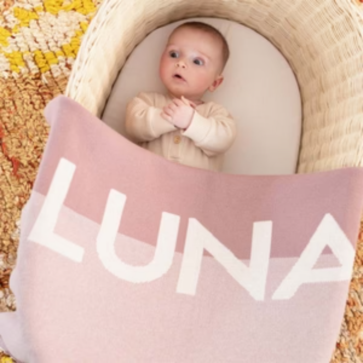 NamelyCo Splice Name Blanket - Oatmeal Splice: Rose Bloom