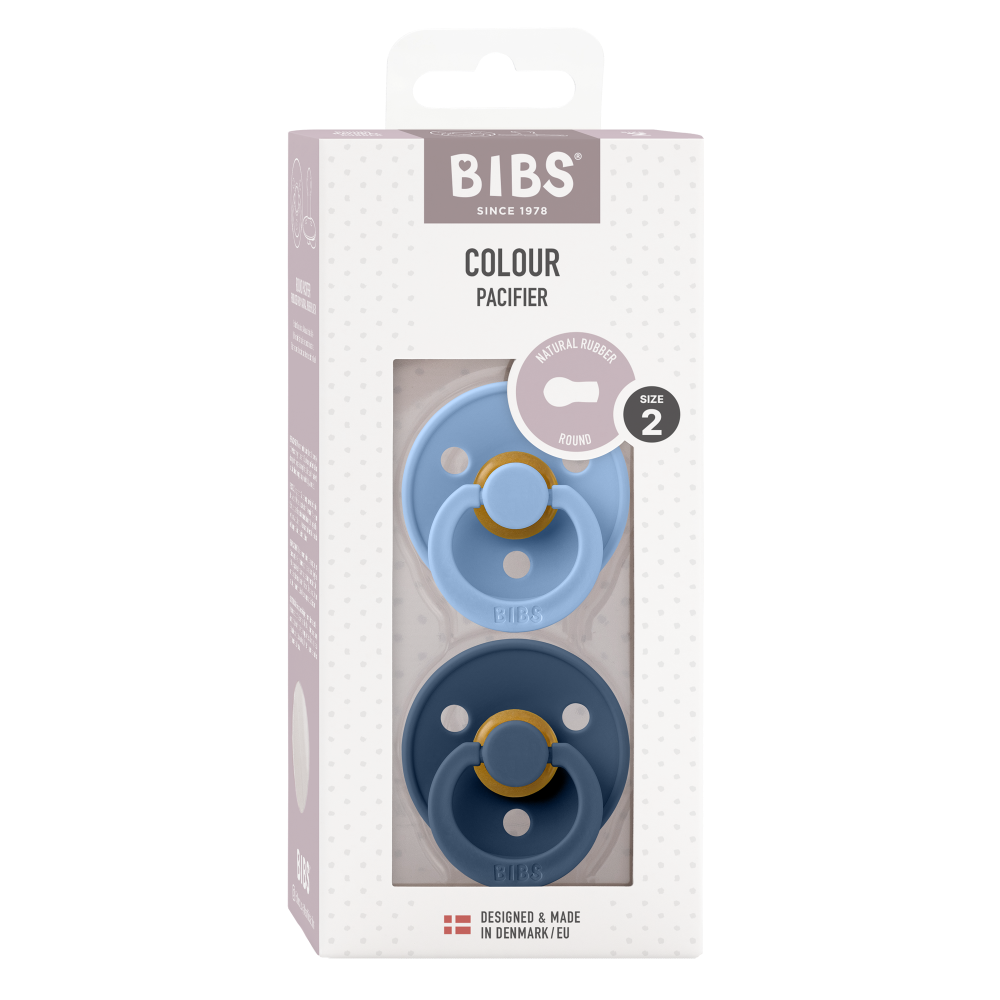 BIBS Latex Round Nipple Pacifier Size 2 - Pack of 2 (Colour) - Sky Blue & Steel Blue