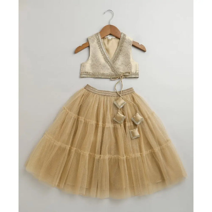 Sweetlime By AS Jacquard peplum Top with Golden Twirl Lehenga Set - Golden