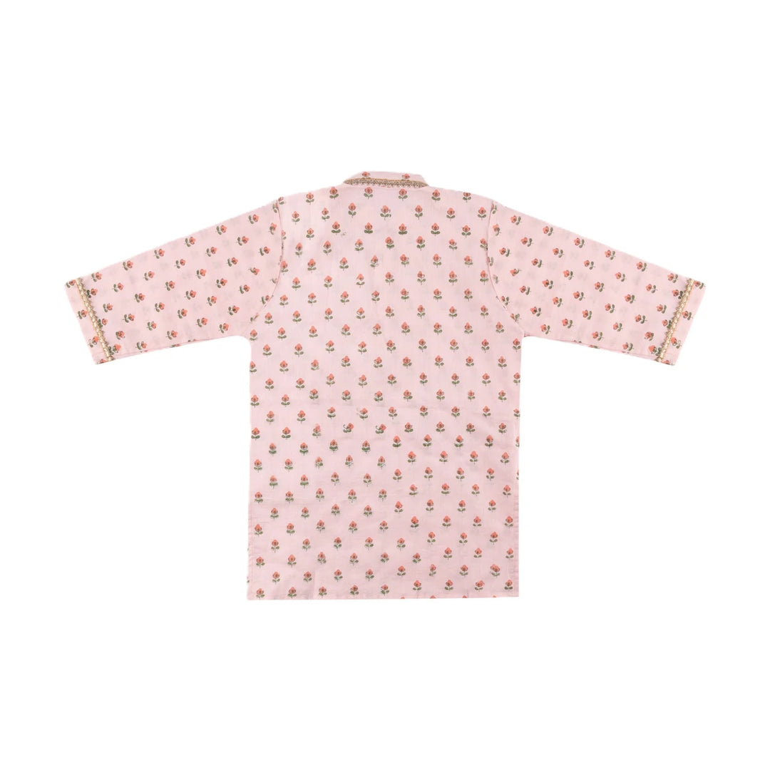 Dulaar Cotton Kurta Pyjama Set for Boys | Hand-Block Printed (Gota Work)-Flowers from Sanganer (Blush)