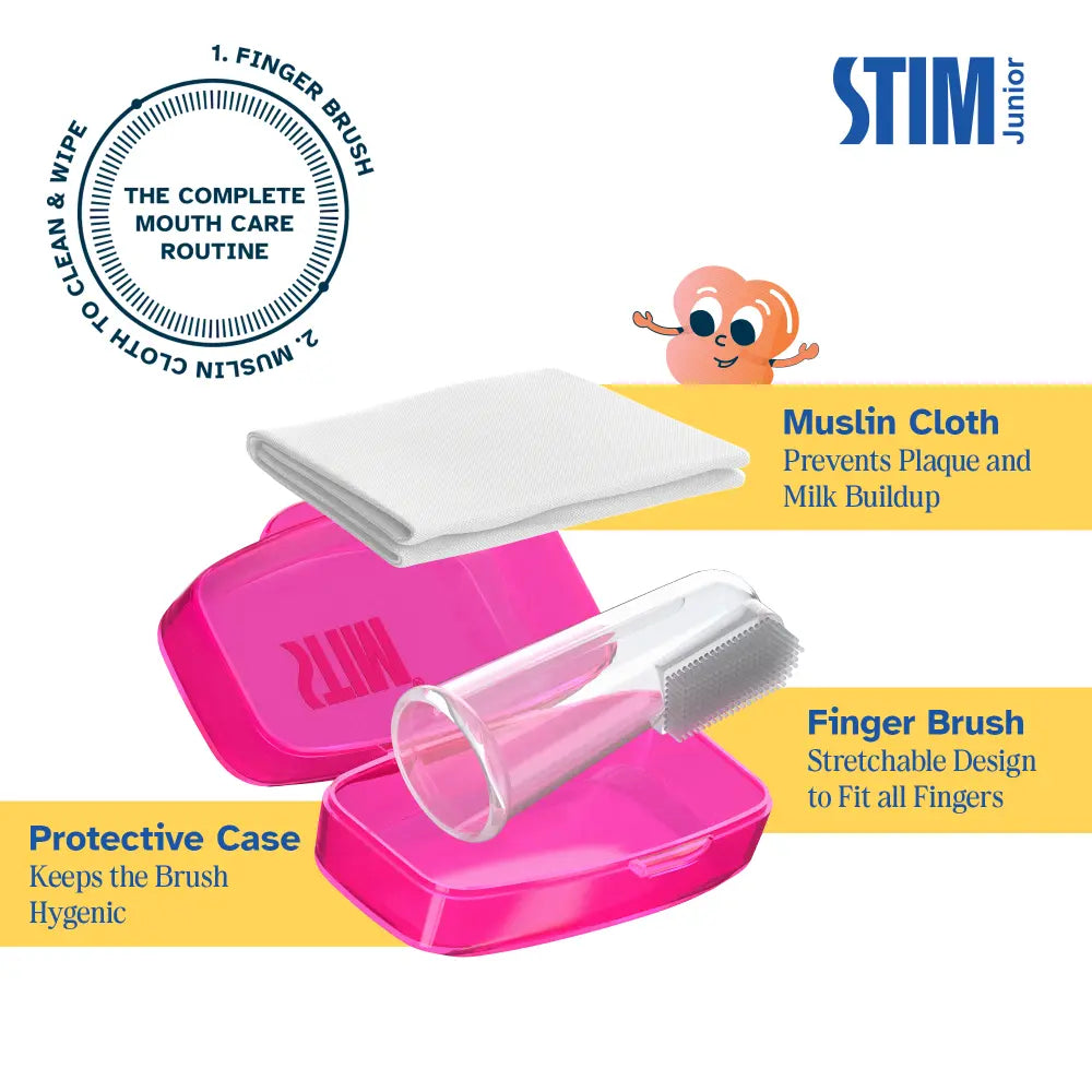STIM Junior Infant Kit | Finger Brush &amp; Muslin Cloth | 0-12 Months - Multicolor