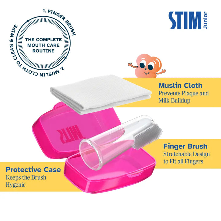 STIM Junior Infant Kit | Finger Brush &amp; Muslin Cloth | 0-12 Months - Multicolor