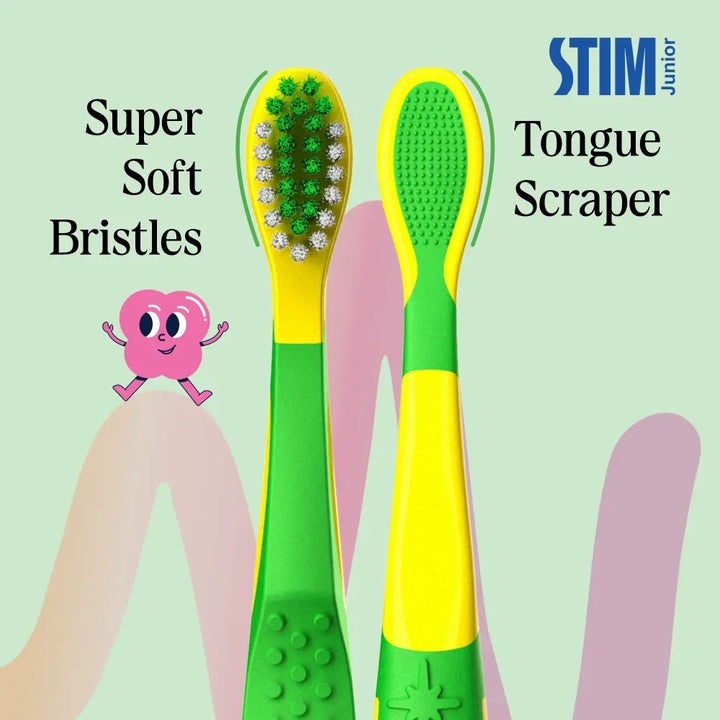STIM Junior Kids Toothbrush | With Tongue Scraper | 3-10 Y - Multicolor