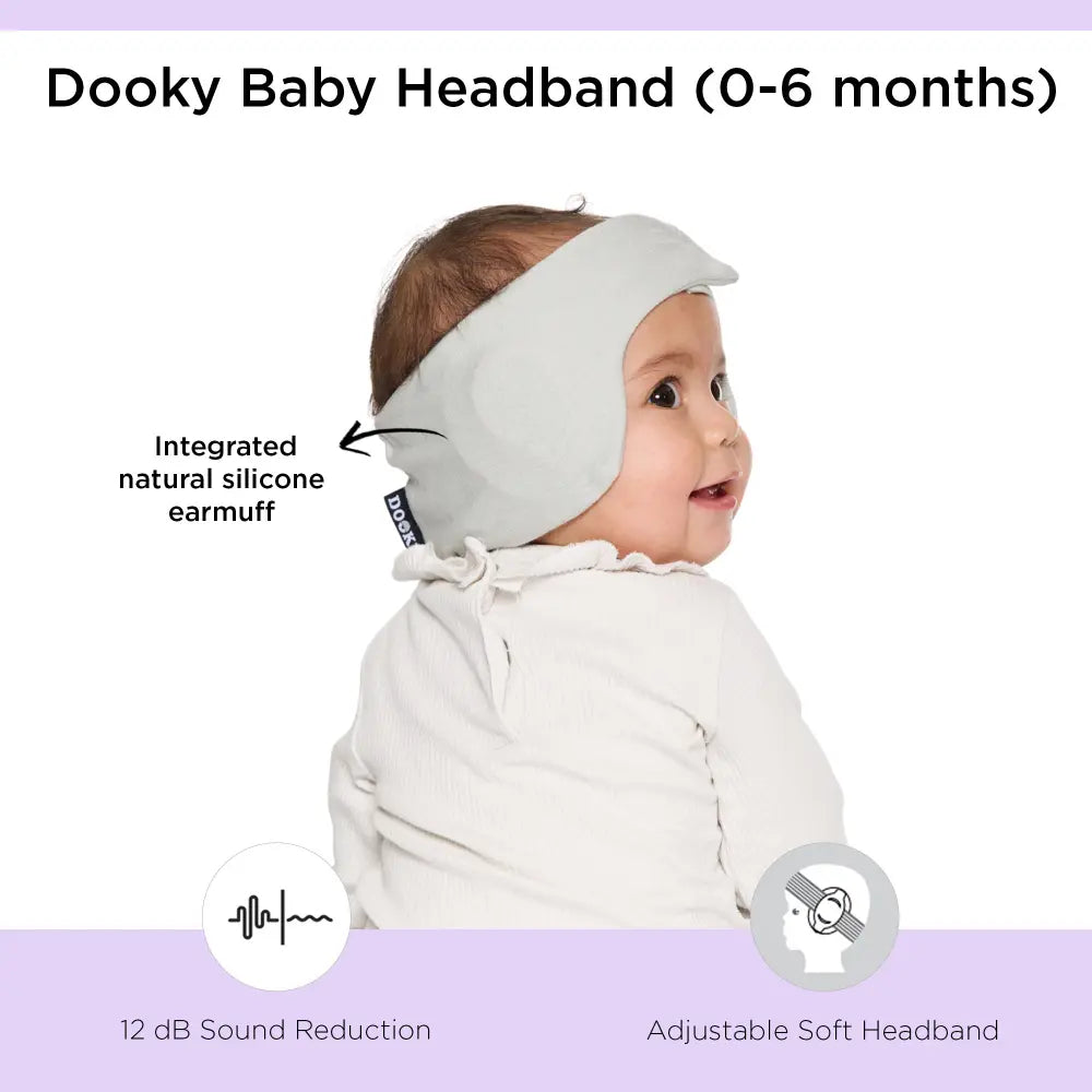 Dooky Infant Ear Protection Headband, Baby Noise Reduction Band, Soft Comfortable Earmuffs for Travel, Sleep &amp; Loud Sounds - (Grey)
