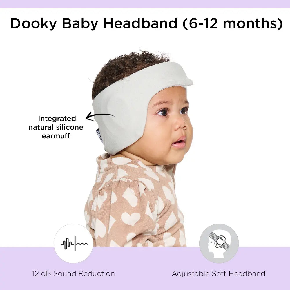 Dooky Infant Ear Protection Headband, Baby Noise Reduction Band, Soft Comfortable Earmuffs for Travel, Sleep &amp; Loud Sounds - (Grey)