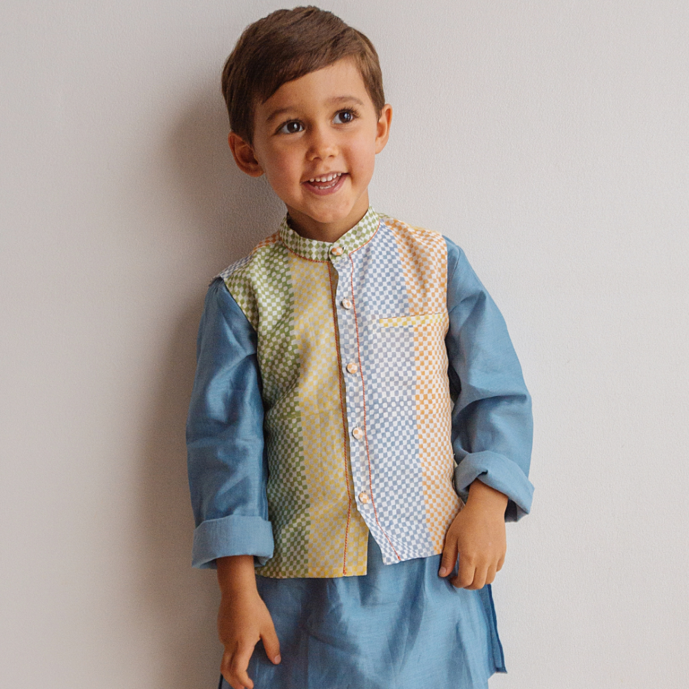 Dulaar Chanderi Kurta Pyjama Bandi Set - Spot The Checks Sky