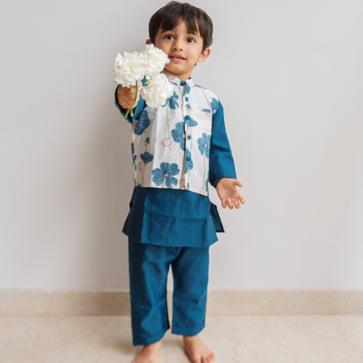 Dulaar Chanderi Kurta Pyjama Bandi Set - Poppy Fields Sapphire