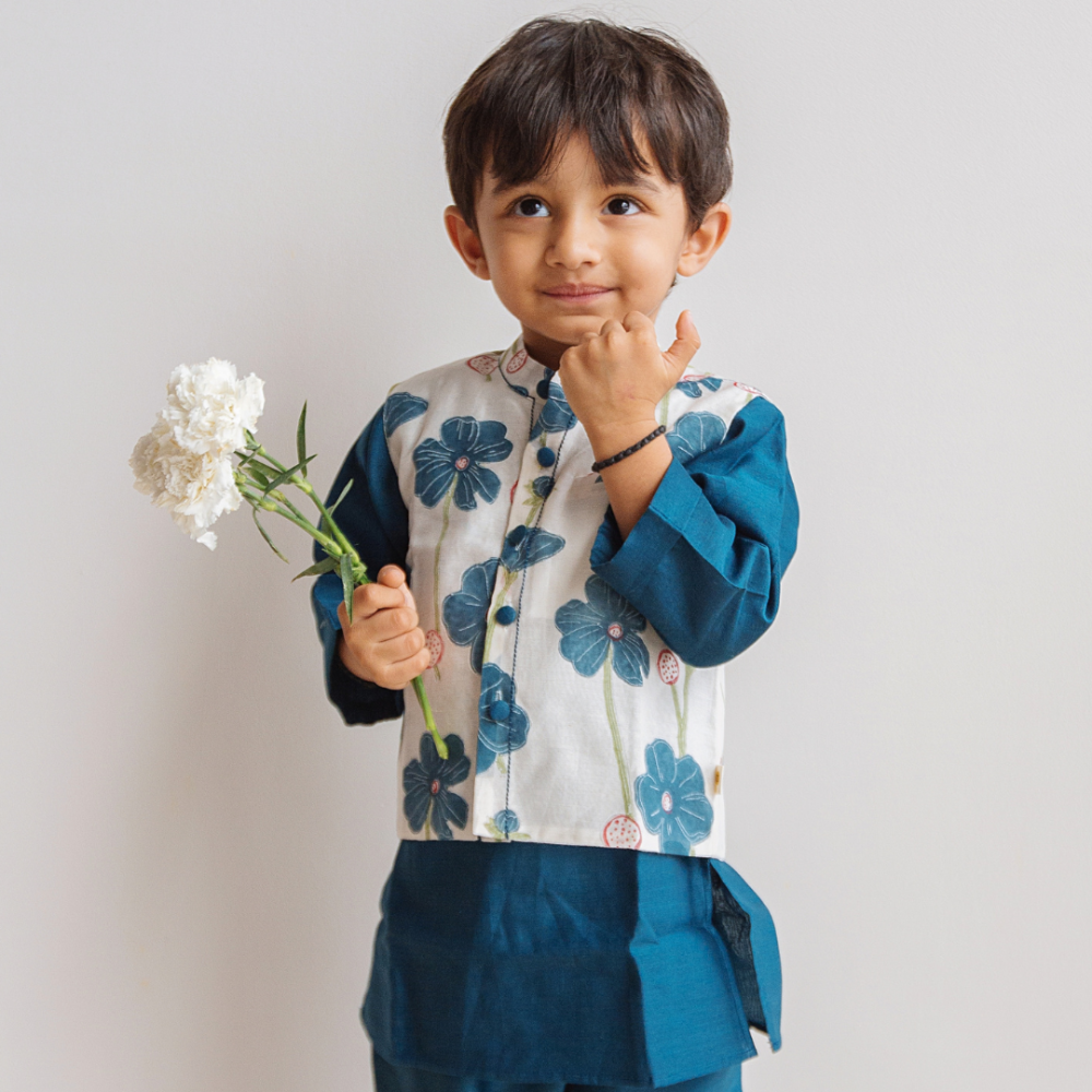 Dulaar Chanderi Kurta Pyjama Bandi Set - Poppy Fields Sapphire