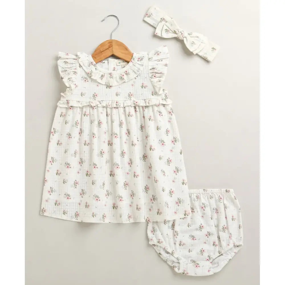 Sweetlime By As Sweet Blossom Ruffle Organic Cotton Dress &amp; Bloomer Set with Hairband - Off White