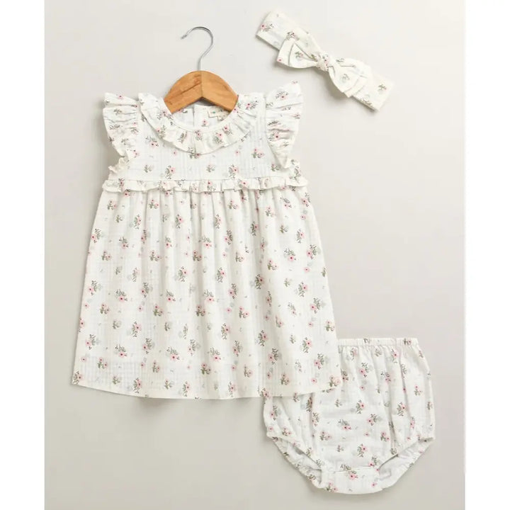 Sweetlime By As Sweet Blossom Ruffle Organic Cotton Dress &amp; Bloomer Set with Hairband - Off White